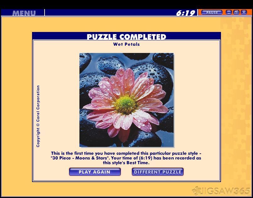 Jigsaw365 (Windows) screenshot: When a puzzle is completed the game displays the player's game statistics