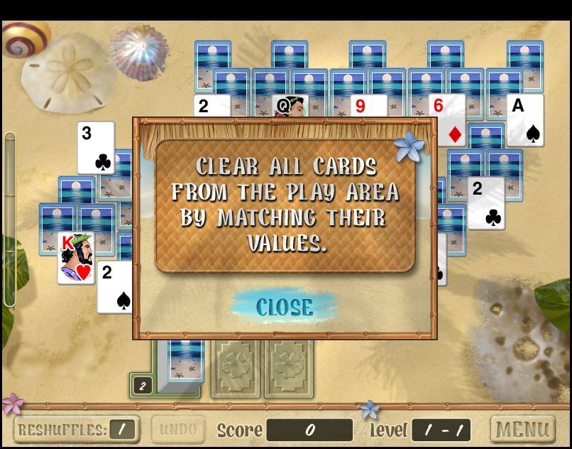 Aloha Solitaire (Windows) screenshot: A final reminder of the game's objective before the start of the first game. It's the cards in the play area that have to be cleared - the cards in the deck at the bottom of the screen can remain.
