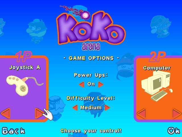 Koko Arena (Windows) screenshot: Before a game can start the player(s) must choose their controller.