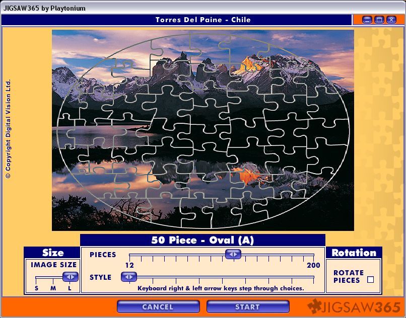 Jigsaw365 (Windows) screenshot: Once the number of pieces has been decided the player can move the lower slider to change the style. This shows an Oval style which is a fifty piece puzzle