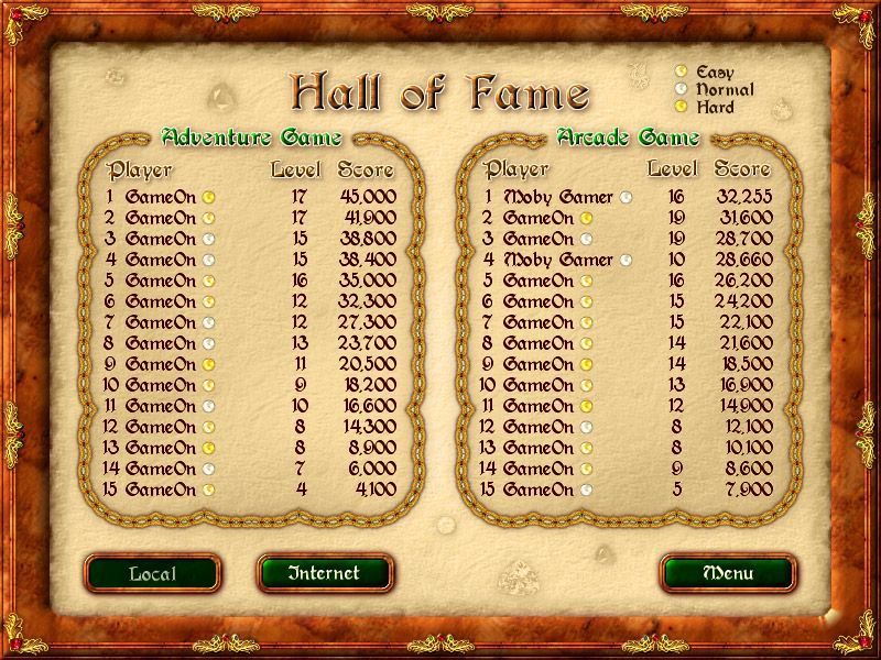 Hexalot (Windows) screenshot: This is the local Hall Of Fame with most slots still showing default scores.