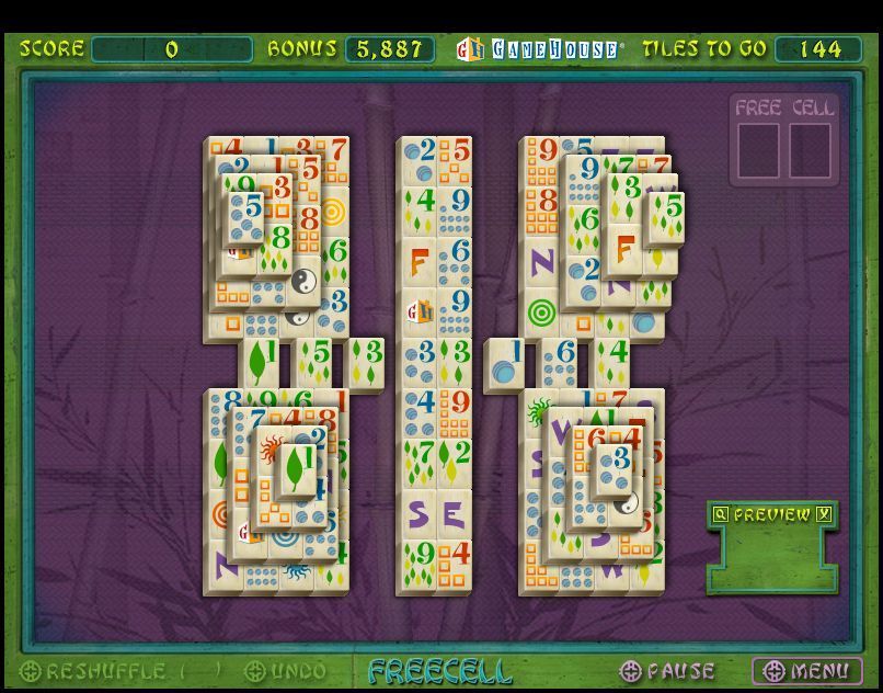 Mah Jong Medley (Windows) screenshot: The start of a 'Freecell' game. The 'Game Over' messages and the high score table look identical to the other games.