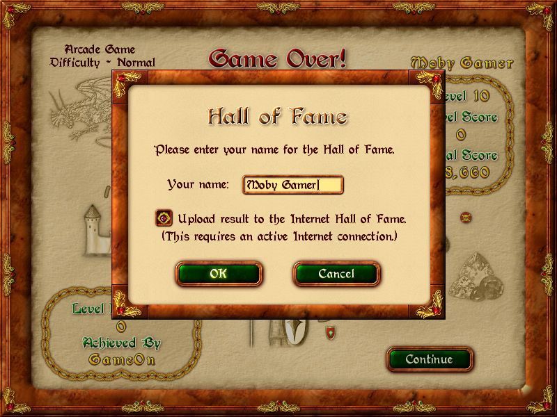 Hexalot (Windows) screenshot: When all lives have been used up the player gets the chance to enter the Hall Of Fame and optionally upload their score to the internet