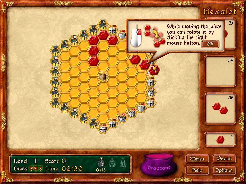 Hexalot (Windows) screenshot: Tool tips can be disabled in the game's OPTIONS menu