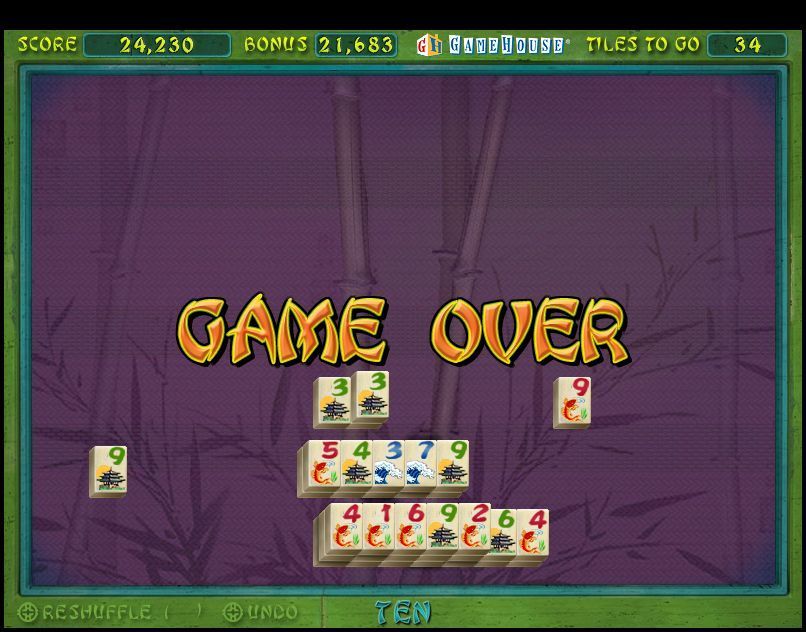 Mah Jong Medley (Windows) screenshot: Game Over!. There are tiles visible that will add up to ten but they are not available for use. This still registered a high score though.