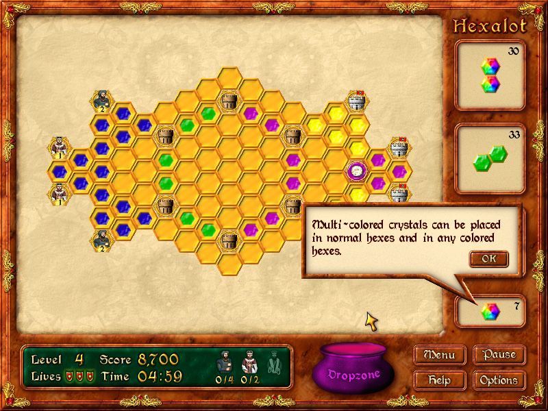 Hexalot (Windows) screenshot: Level four sees the introduction of lots more colours and some universal gems