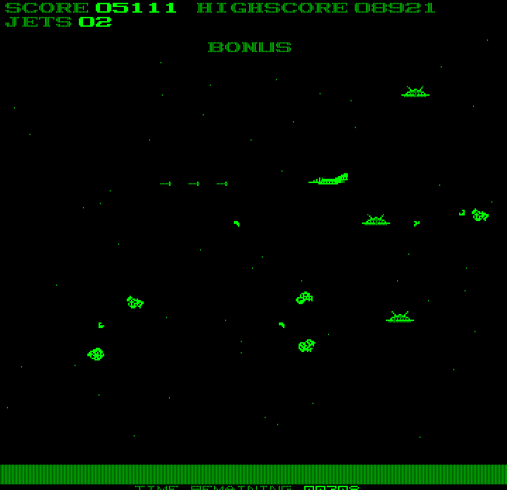 Jumpjet (DOS) screenshot: Fun with saucers and asteroids (Hercules)