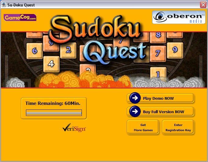 Sudoku Quest (Windows) screenshot: This version of the game installs in a time limited shareware form
