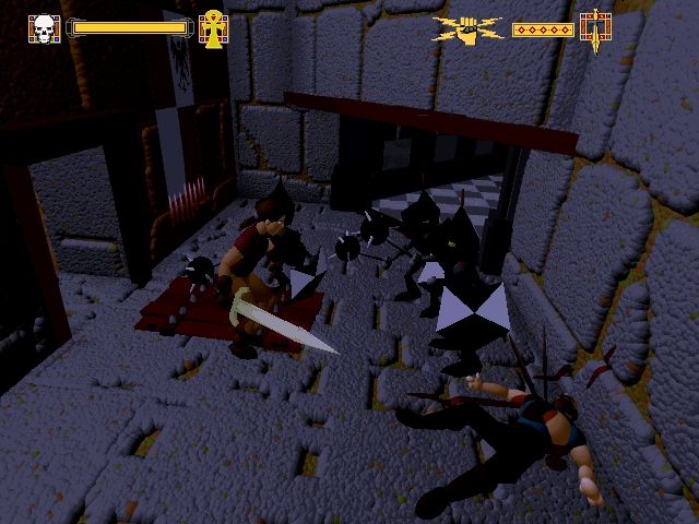 Ecstatica II (DOS) screenshot: Fighting three black knights