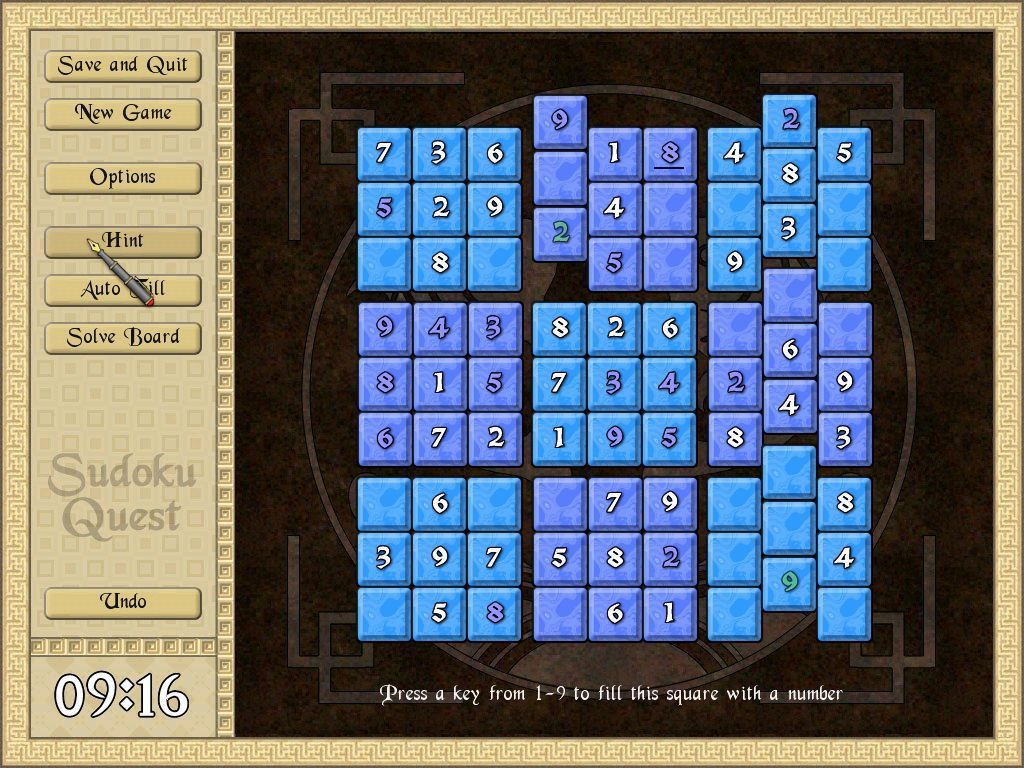 Sudoku Quest (Windows) screenshot: Here the HINT feature has been used. It shows two numbers in green but only for a short while.