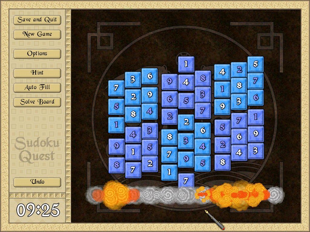 Sudoku Quest (Windows) screenshot: When a board is solved there is a short animation of its destruction followed by the high score table