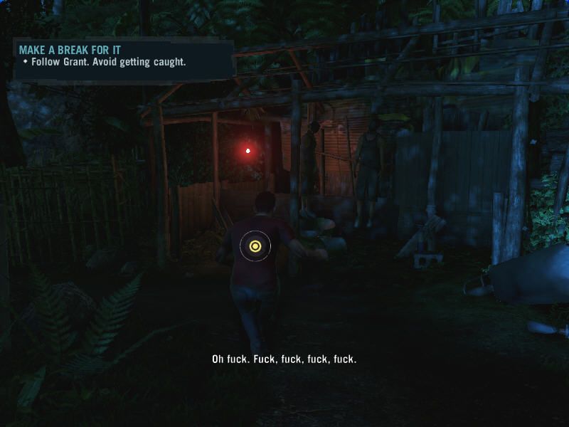 Far Cry 3 (Windows) screenshot: The first mission is very tense. Grant expresses his opinion of it with a rather limited vocabulary