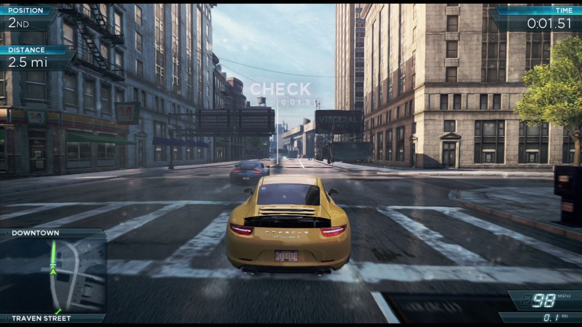 Need for Speed: Most Wanted (PlayStation 3) screenshot: <moby company="Visceral Games (Redwood Shores)">Visceral Games</moby> says "Hi" from virtual advertising billboards.