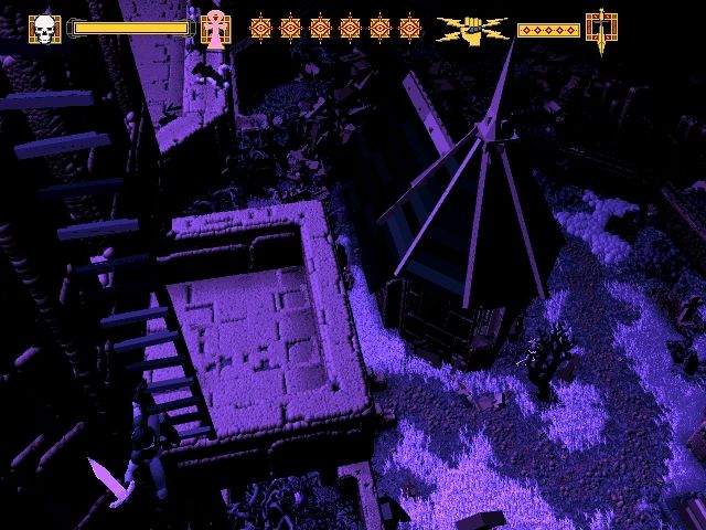 Ecstatica II (DOS) screenshot: The graveyard from above ... nice lighting here