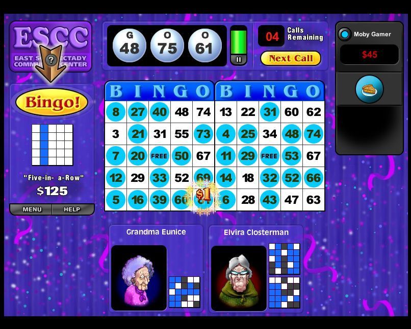 Saints & Sinners Bingo (Windows) screenshot: Moby Gamer is the first to complete a line. As this is the first game the tool tips shows which button to press to win the game