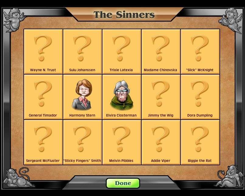 Saints & Sinners Bingo (Windows) screenshot: The player will encounter fifteen saints and fifteen sinners as they progress through the game. These are a couple that are encountered early on.