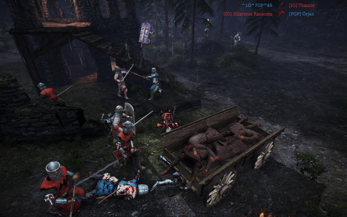 Chivalry: Medieval Warfare (Windows) screenshot: The corpses wagon objective on the Dark Forest map.