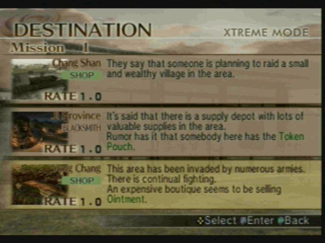 Dynasty Warriors 5: Xtreme Legends (PlayStation 2) screenshot: In survival mode you choose missions, trying to get as many done as possible on the same life bar.