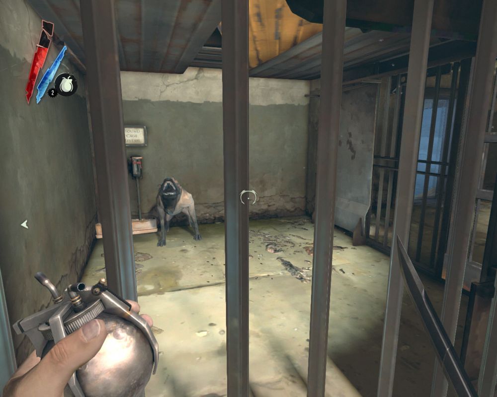 Dishonored (Windows) screenshot: Here, good doggy! Sit! I have a bomb for you riiiight here!.. The problem is that the animal keeps barking when he sees me, attracting the guards