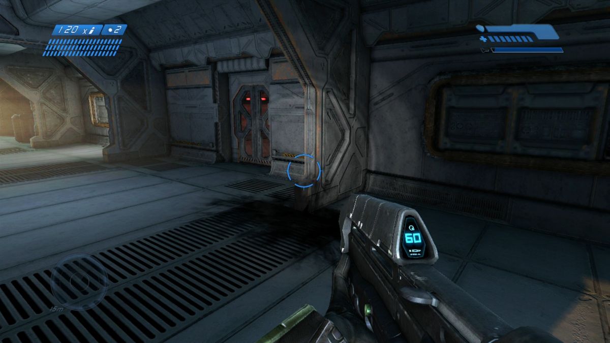 Halo: Combat Evolved - Anniversary (Xbox 360) screenshot: Use flashlight to help you navigate the dark areas.