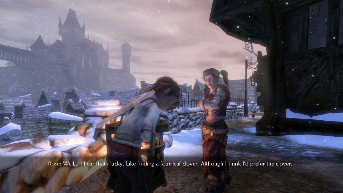Fable II (Xbox 360) screenshot: Getting warm by the fire with your sister.