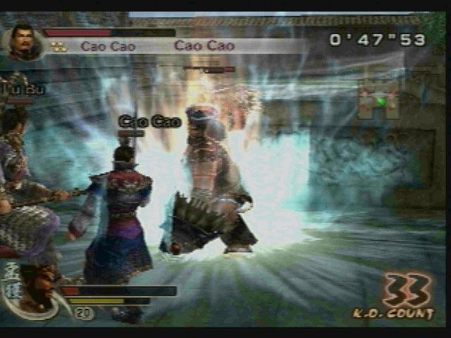 Dynasty Warriors 5: Xtreme Legends (PlayStation 2) screenshot: Fighting Cao Cao and feather-head.