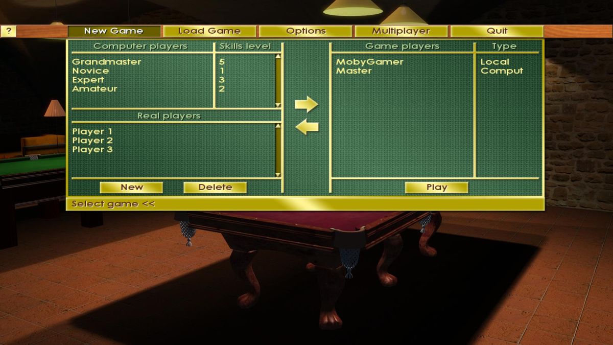 Billard Deluxe (Windows) screenshot: ...and difficulty levels. (Demo version)