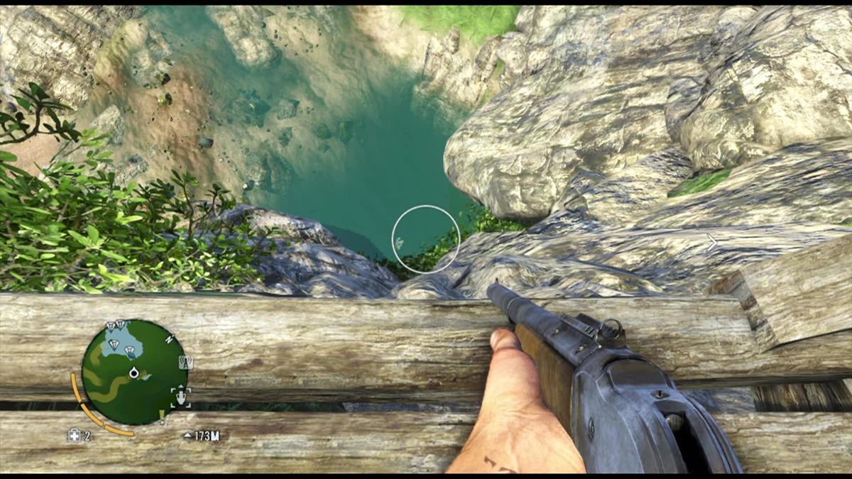Far Cry 3 (Xbox 360) screenshot: Do you dare to jump? You sometimes have to make some weird jumps in order to reach well hidden collectibles.