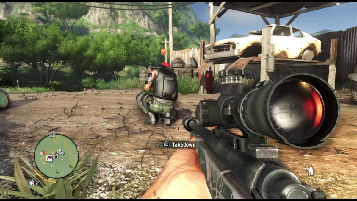 Far Cry 3 (Xbox 360) screenshot: Sneaking onto an unaware enemy ... I think you know the result
