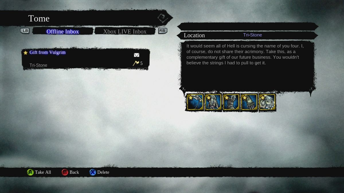 Darksiders II (Xbox 360) screenshot: You will also receive gifts from certain NPCs via the mailbox