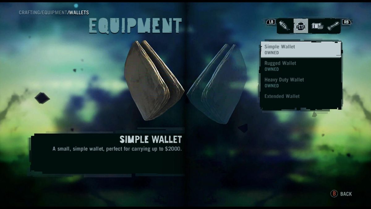 Far Cry 3 (Xbox 360) screenshot: Item screen. Items and Equipment can be upgraded using animal skins