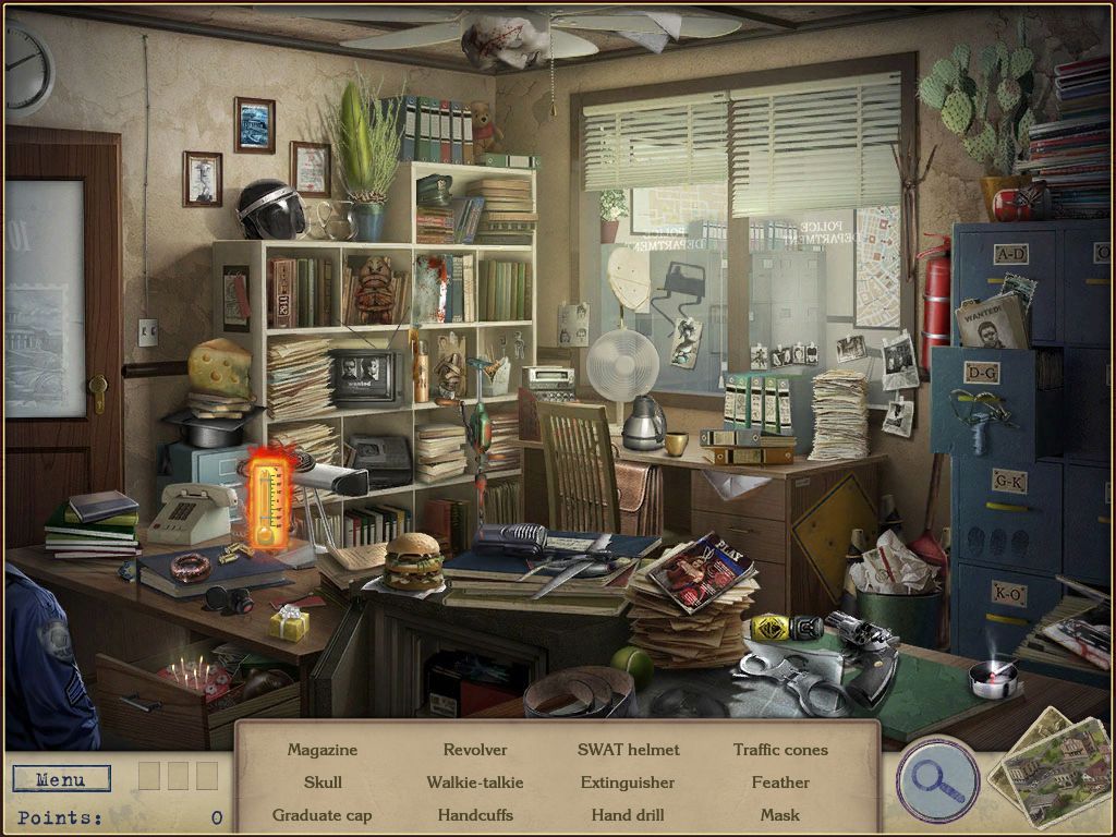 Letters from Nowhere (iPad) screenshot: Police Station - objects (using the Thermometer to find objects)