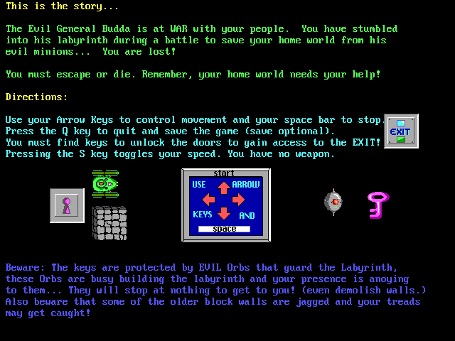 General Budda's Labyrinth (DOS) screenshot: Story and instructions
