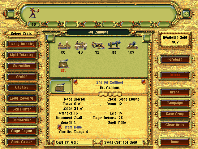 Fantasy General (DOS) screenshot: Units selection - siege engine