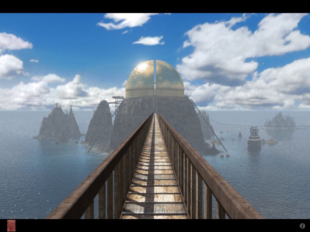 Riven: The Sequel to Myst (iPad) screenshot: Walking iron foot bridge from crater island to temple island - Great Golden Dome in distance