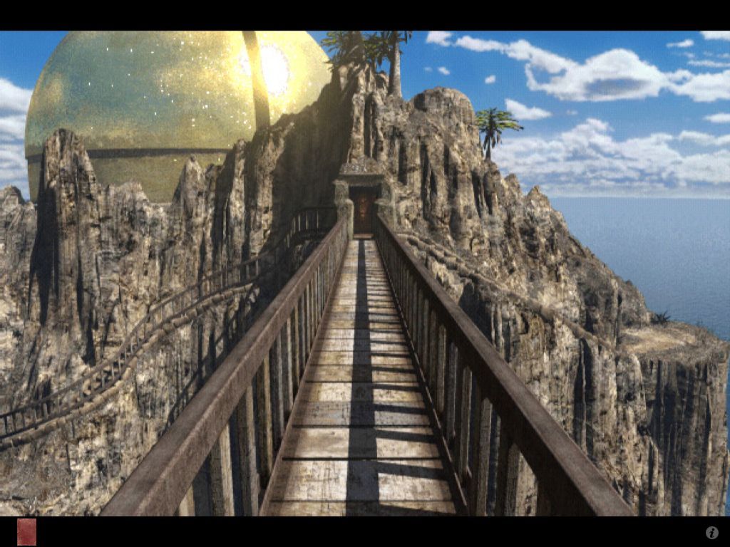 Riven: The Sequel to Myst (iPad) screenshot: Turning around on the iron foot bridge you notice the Great Golden Dome