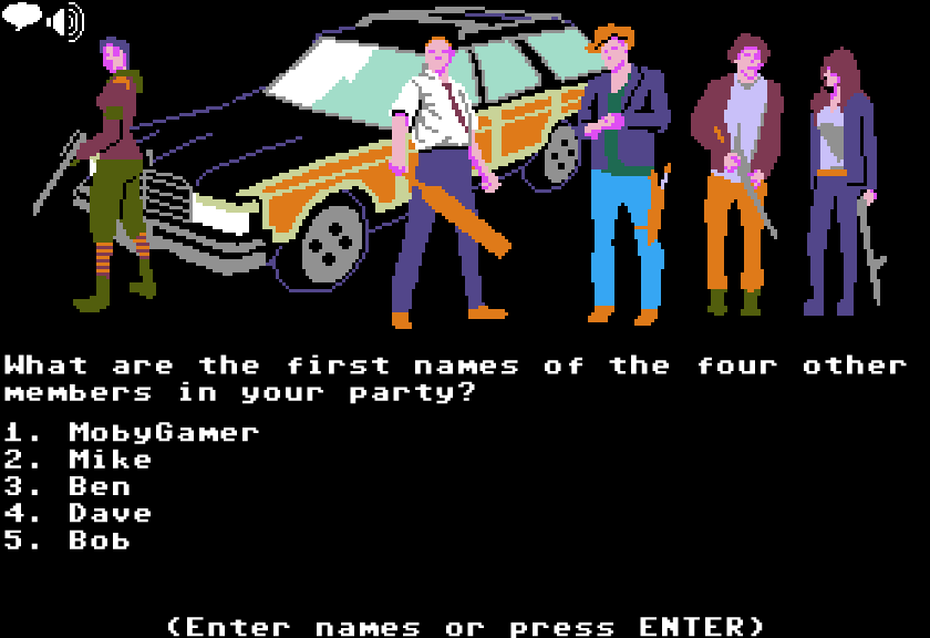 Organ Trail (Browser) screenshot: Name the character and the other group members.