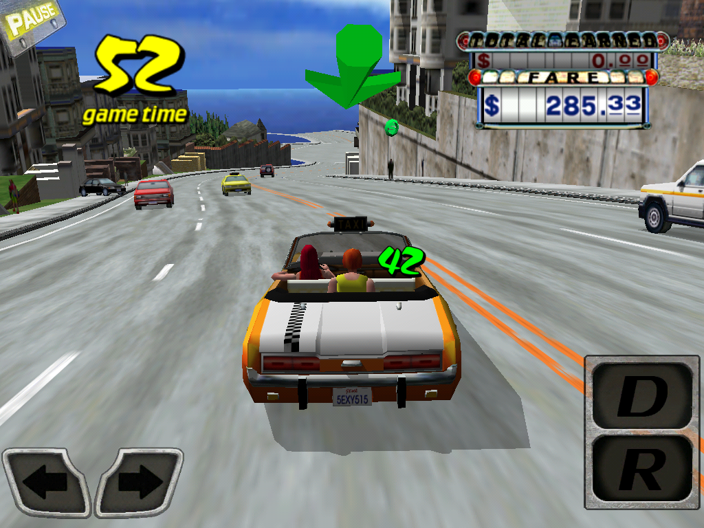 Crazy Taxi (iPad) screenshot: Driving a customer to the destination.