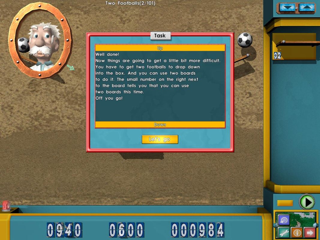 Crazy Machines: Inventors Training Camp (Windows) screenshot: The professor gives the mission description. However, this time there is no voice acting.