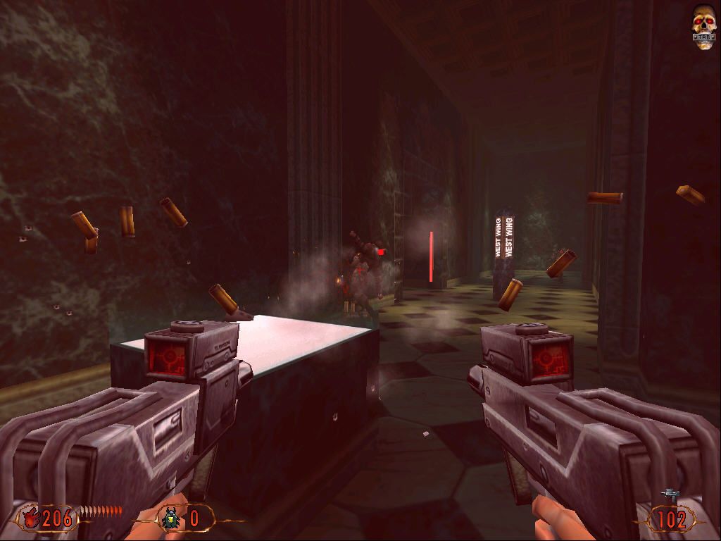 Blood II: The Chosen (Windows) screenshot: Uzi in left hand, Uzi in right hand... and enemy has no hope.
