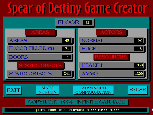 Spear of Destiny: Super CD Pack (DOS) screenshot: 21 random floors generated, enjoy