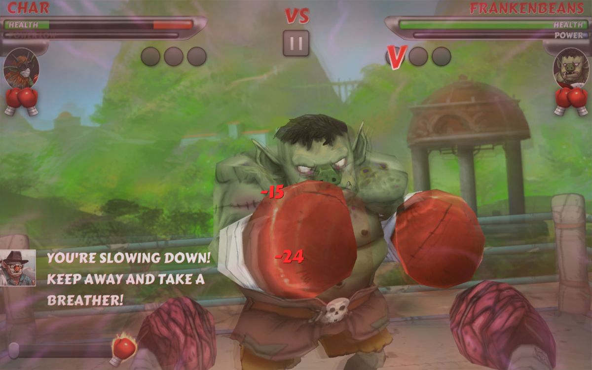 Beast Boxing Turbo (Macintosh) screenshot: Getting hit by Frankenbeans.