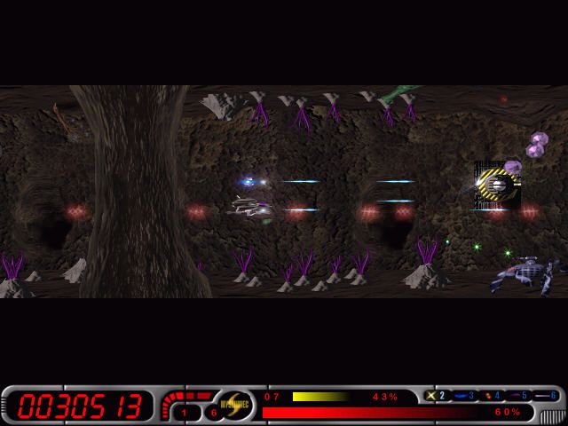 Solaris 1.0.4. (Windows) screenshot: Tunel in meteors. Enemies everywhere.