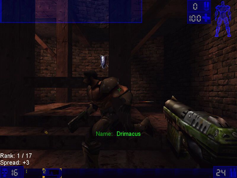 Unreal Tournament (Windows) screenshot: Die now! <minigun's sound>. Hahaha!