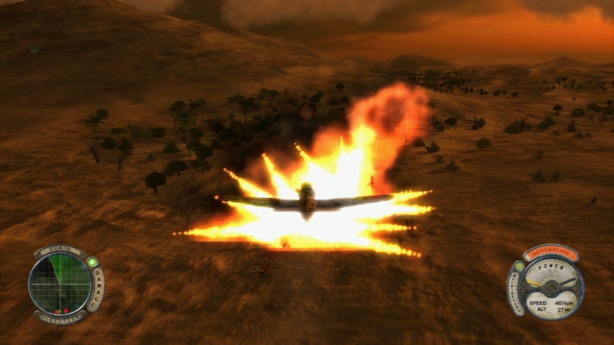 Air Conflicts: Secret Wars (PlayStation 3) screenshot: Firing missile at the enemy patrol, after explosion.
