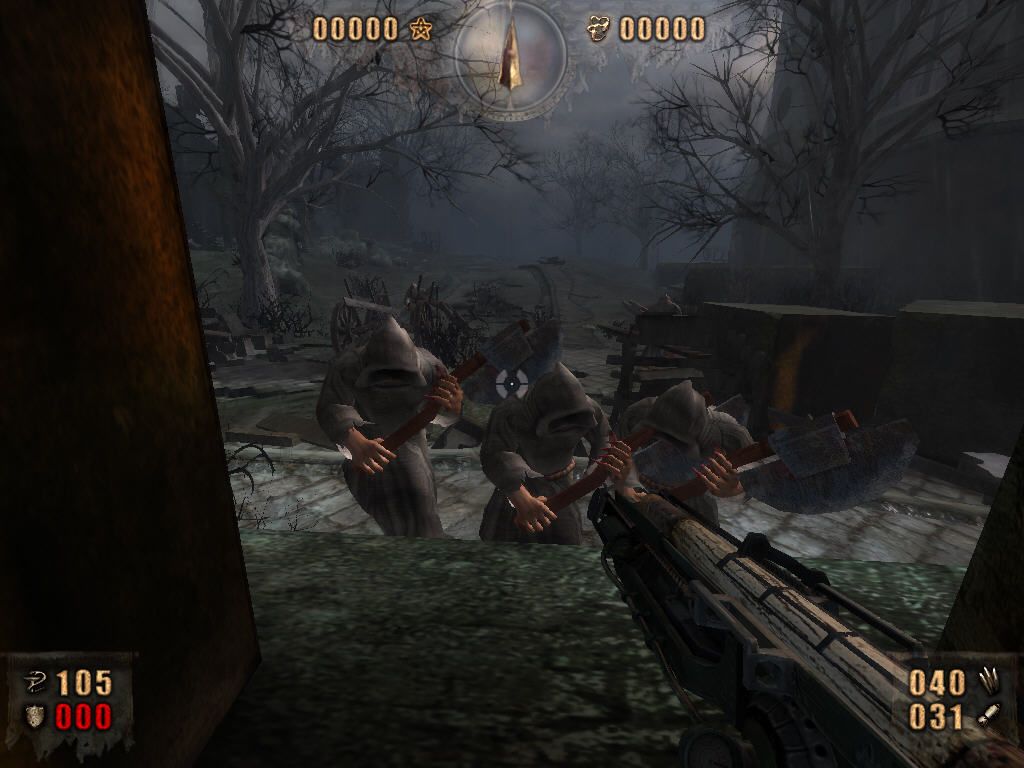 Painkiller: Resurrection (Windows) screenshot: Time to shoot - enemies have a little trouble.