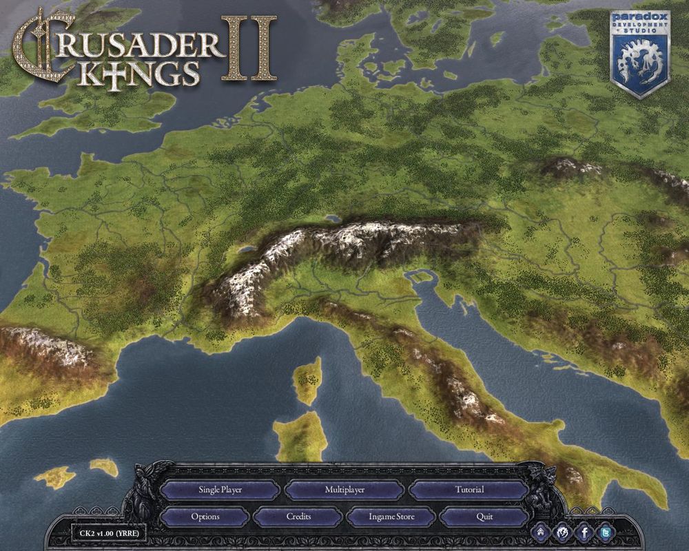 Crusader Kings II (Windows) screenshot: Main Menu - Viewing terrain map of medieval Europe.