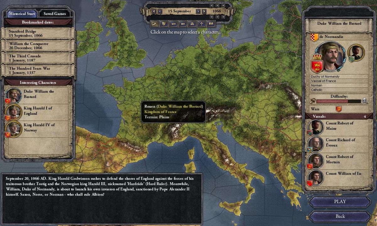 Crusader Kings II (Windows) screenshot: Scenario selection - Choose scenario and lead character.