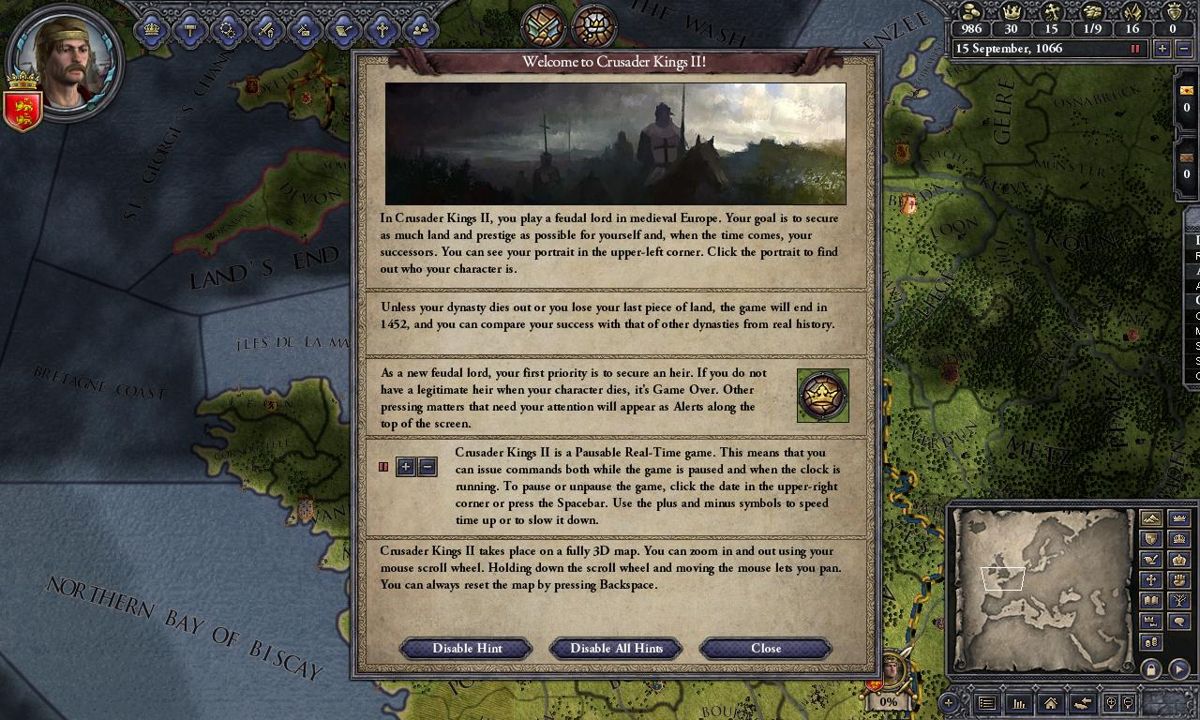 Crusader Kings II (Windows) screenshot: Game start - First in-game tip.