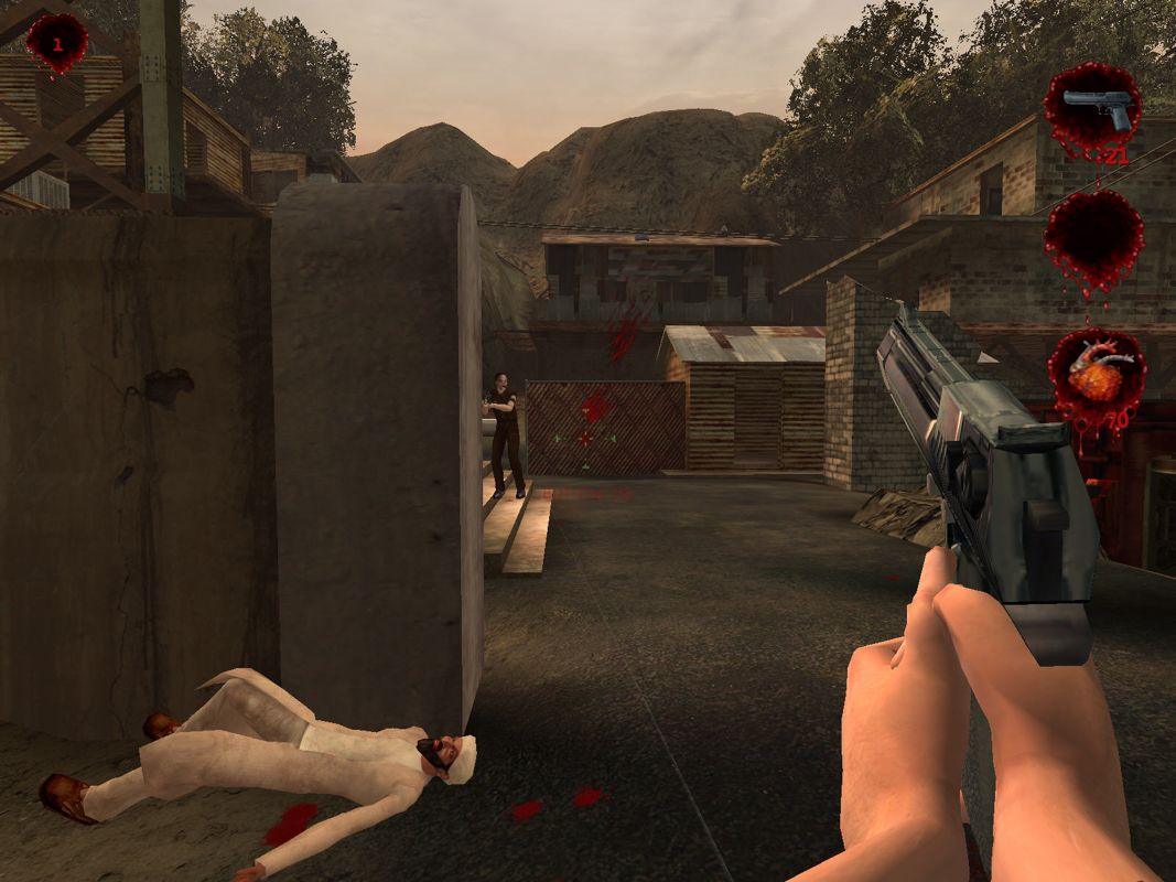 Postal²: Share the Pain (Windows) screenshot: typical DM with bots 4 - Shooting with cop, and dead muslim